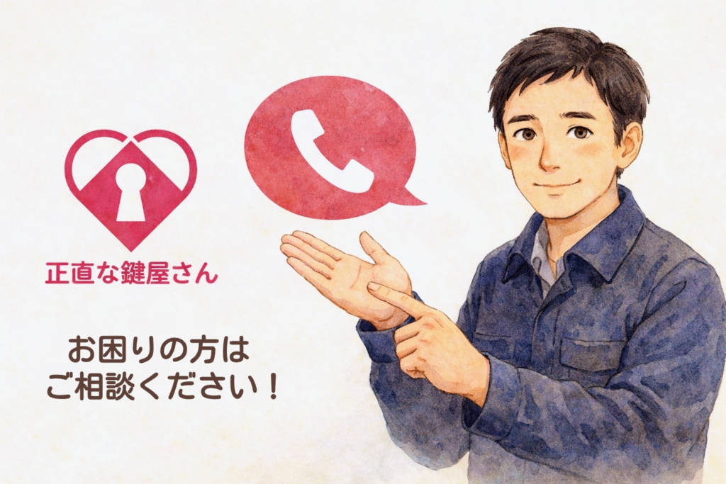 夜の玄関で鍵を探して焦る女性と、ペンライトで鍵穴を点検する鍵屋スタッフの日本水彩イラスト｜鍵トラブル・鍵紛失・鍵修理・出張鍵屋