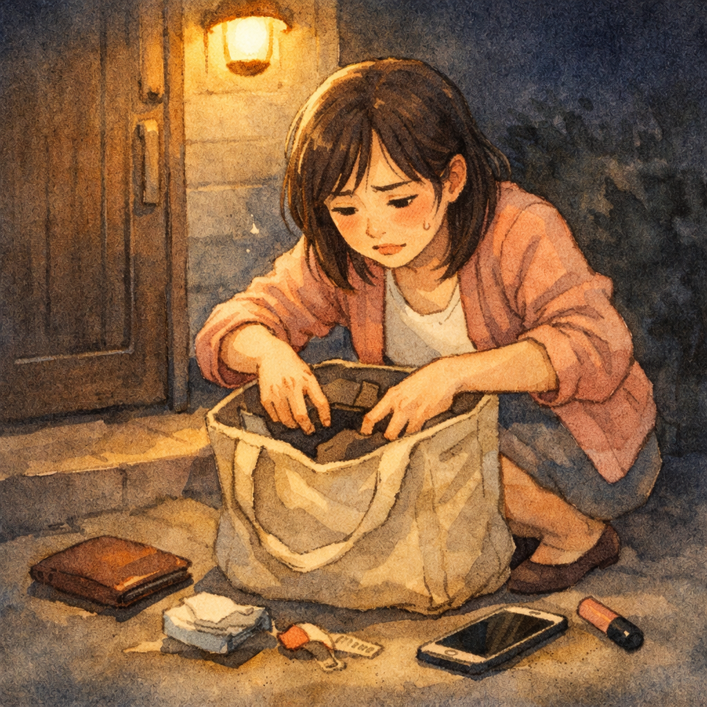 夜の玄関前で家の鍵が見つからず焦っている女性のイラスト