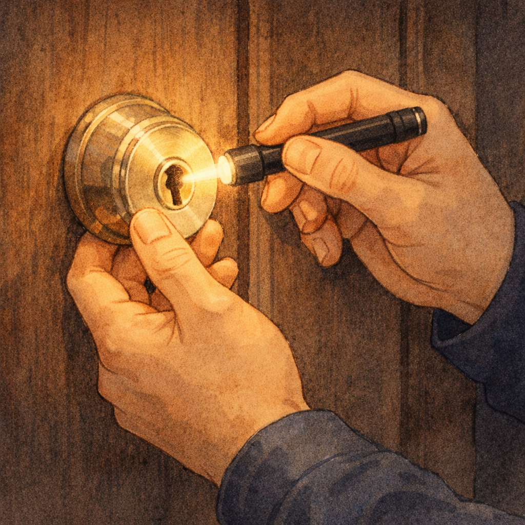鍵屋がペンライトを使ってドアの鍵穴を丁寧に点検している手元のアップ