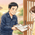 大阪の正直な鍵屋が見積書を提示して丁寧に説明しているイラスト