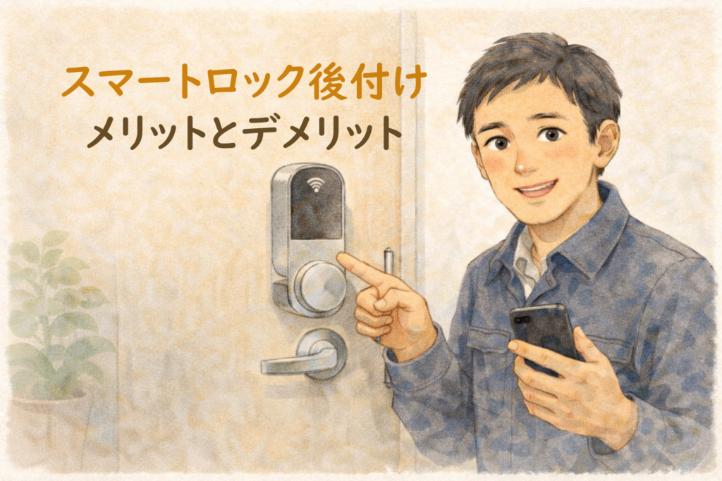 ドアに付いたスマートロックとスマホを持って解説する正直な鍵屋たこやきのイラスト。画像内に「スマートロック後付け メリットとデメリット」と文字が入っている