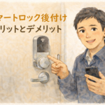 ドアに付いたスマートロックとスマホを持って解説する正直な鍵屋たこやきのイラスト。画像内に「スマートロック後付け メリットとデメリット」と文字が入っている