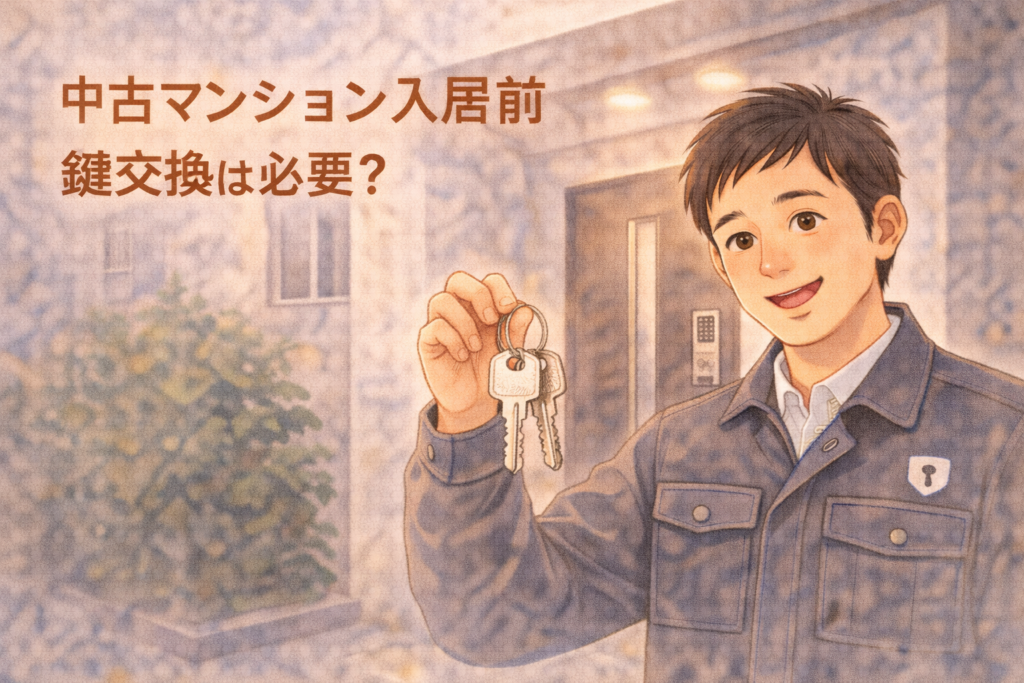 マンションの前で新しい鍵を持って入居前の鍵交換を勧める正直な鍵屋たこやきのイラスト。画像内に「中古マンション入居前 鍵交換は必要？」と文字が入っている