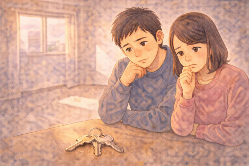 新しい部屋で古い鍵を見つめ、防犯を心配しているカップルのイラスト