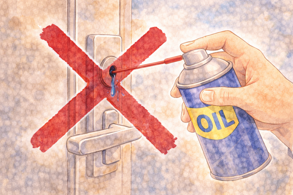 鍵穴に市販の潤滑油をスプレーしているNG行動のイラスト（バツ印付き）