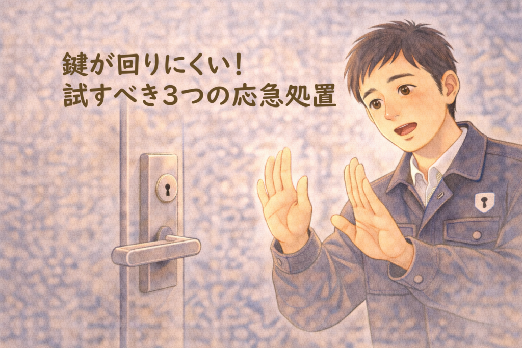 ドアの鍵穴の前で無理に回さないよう注意を促す正直な鍵屋たこやきのイラスト。画像内に「鍵が回りにくい！試すべき3つの応急処置」と文字が入っている