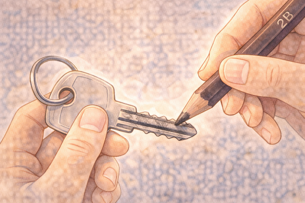 鍵のギザギザ部分に鉛筆の芯をこすりつけている応急処置のイラスト