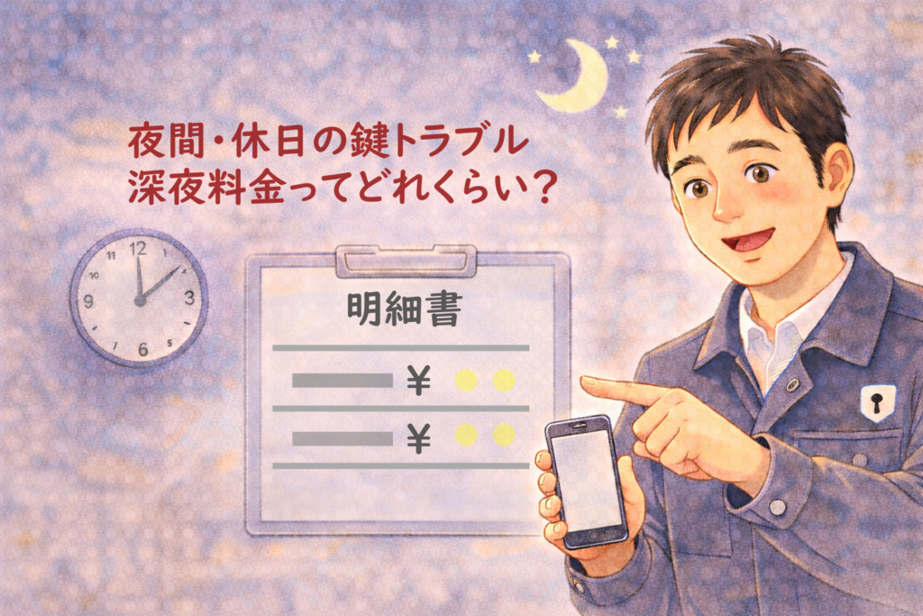 夜間にスマホと価格表を持って深夜料金を解説する正直な鍵屋たこやきのイラスト。画像内に「夜間・休日の鍵トラブル 深夜料金ってどれくらい？」と文字が入っている