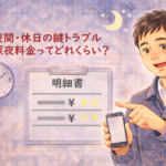 夜間にスマホと価格表を持って深夜料金を解説する正直な鍵屋たこやきのイラスト。画像内に「夜間・休日の鍵トラブル 深夜料金ってどれくらい？」と文字が入っている