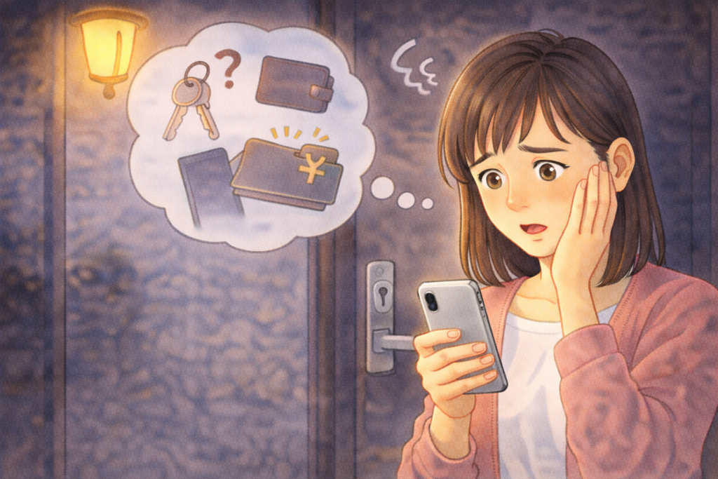夜の玄関前でスマホを見ながら鍵屋の料金を心配している女性のイラスト