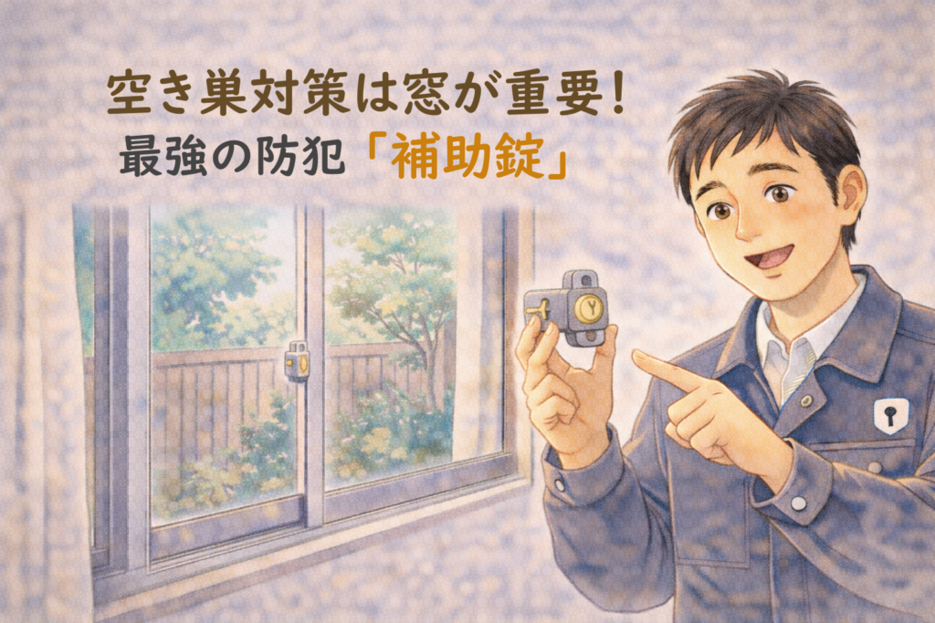 窓の補助錠を持って空き巣対策を解説する正直な鍵屋たこやきのイラスト。画像内に「空き巣対策は窓が重要！最強の防犯『補助錠』」と文字が入っている
