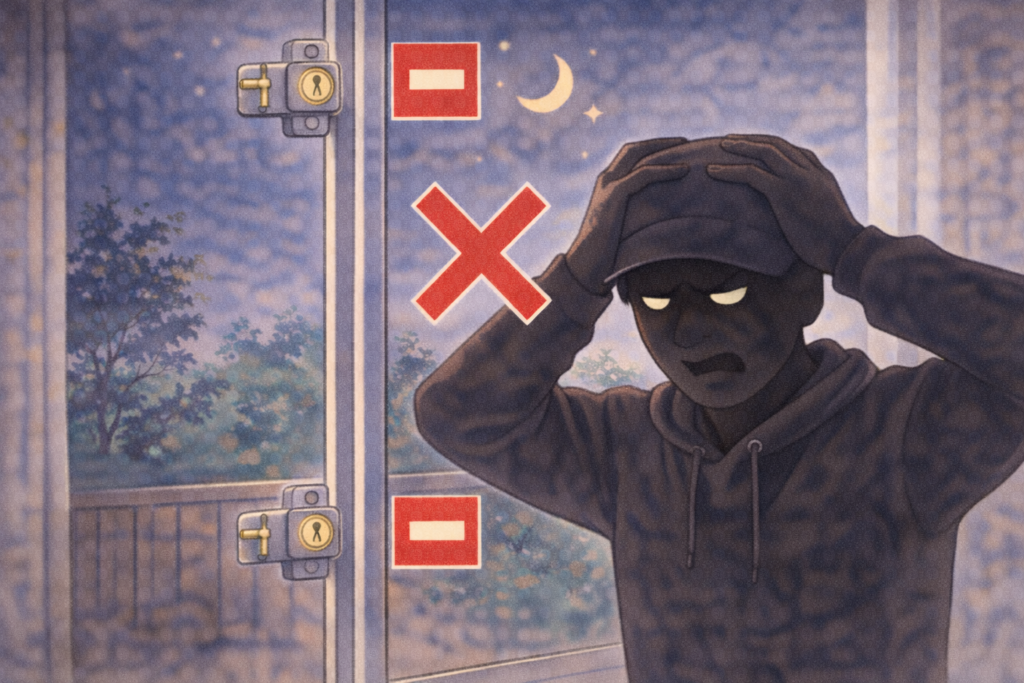 補助錠がついていて侵入を諦める空き巣のイラスト