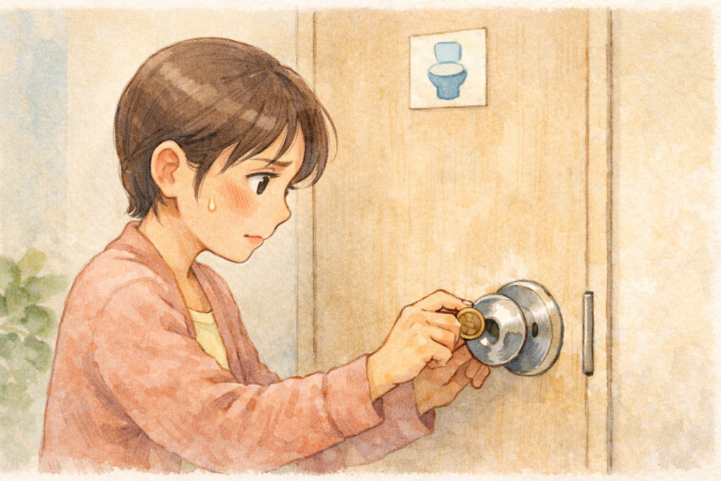 外から硬貨を使ってトイレの鍵を開け、中の人を助けようとしている家族のイラスト
