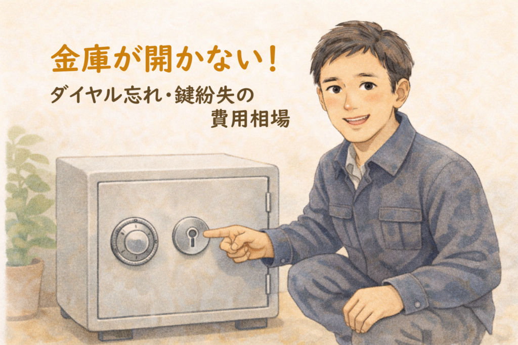 家庭用金庫の前でダイヤル忘れの開錠について解説する正直な鍵屋たこやきのイラスト。画像内に「金庫が開かない！ダイヤル忘れ・鍵紛失の費用相場」と文字が入っている