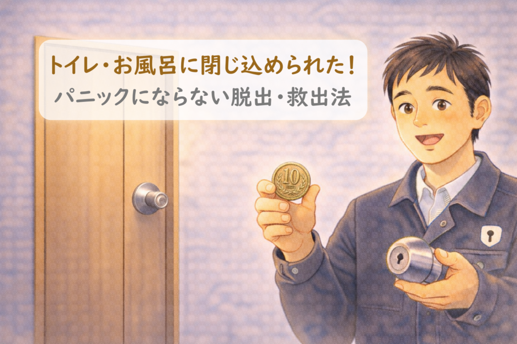 10円玉とドアノブを持ってトイレ閉じ込めの救出方法を解説する正直な鍵屋たこやきのイラスト。画像内に「トイレ・お風呂に閉じ込められた！パニックにならない脱出・救出法」と文字が入っている