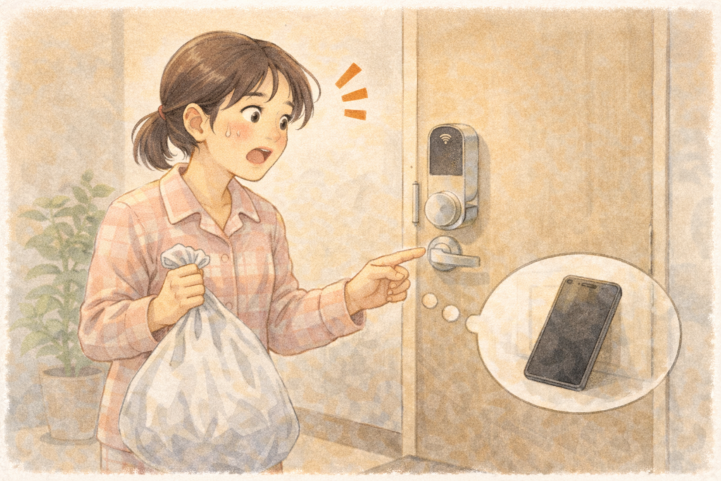 ゴミ出しに出た一瞬でオートロックがかかり、スマホを持たずに締め出されてしまった女性のイラスト