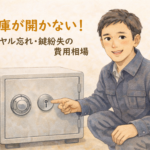家庭用金庫の前でダイヤル忘れの開錠について解説する正直な鍵屋たこやきのイラスト。画像内に「金庫が開かない！ダイヤル忘れ・鍵紛失の費用相場」と文字が入っている