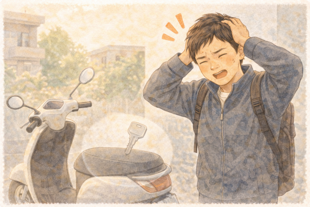 スクーターのメットインに鍵を閉じ込めてしまい、頭を抱えて困っている学生のイラスト