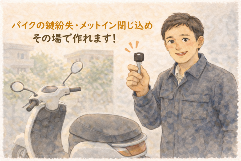原付バイクの横で新しく作った鍵を持って解説する正直な鍵屋たこやきのイラスト。画像内に「バイクの鍵紛失・メットイン閉じ込め その場で作れます!」と文字が入っている