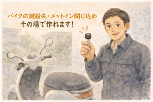 原付バイクの横で新しく作った鍵を持って解説する正直な鍵屋たこやきのイラスト。画像内に「バイクの鍵紛失・メットイン閉じ込め その場で作れます！」と文字が入っている