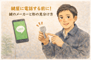 鍵の刻印を指差してメーカーの見分け方を解説する正直な鍵屋たこやきのイラスト。画像内に「鍵屋に電話する前に！鍵のメーカーと形の見分け方」と文字が入っている