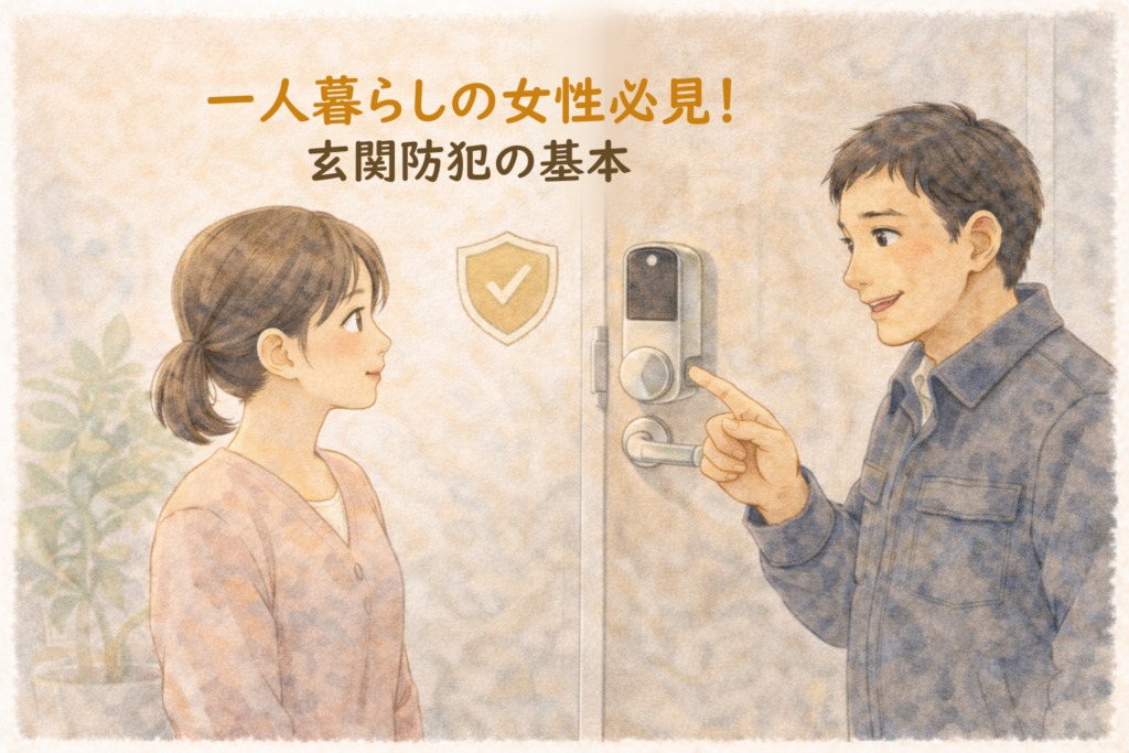 一人暮らしの女性に玄関の防犯アドバイスをする正直な鍵屋たこやきのイラスト。画像内に「一人暮らしの女性必見！玄関防犯の基本」と文字が入っている