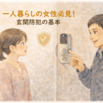 一人暮らしの女性に玄関の防犯アドバイスをする正直な鍵屋たこやきのイラスト。画像内に「一人暮らしの女性必見！玄関防犯の基本」と文字が入っている