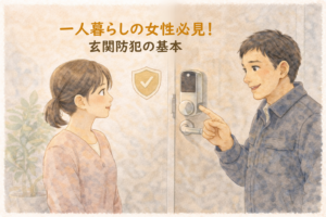 一人暮らしの女性に玄関の防犯アドバイスをする正直な鍵屋たこやきのイラスト。画像内に「一人暮らしの女性必見！玄関防犯の基本」と文字が入っている