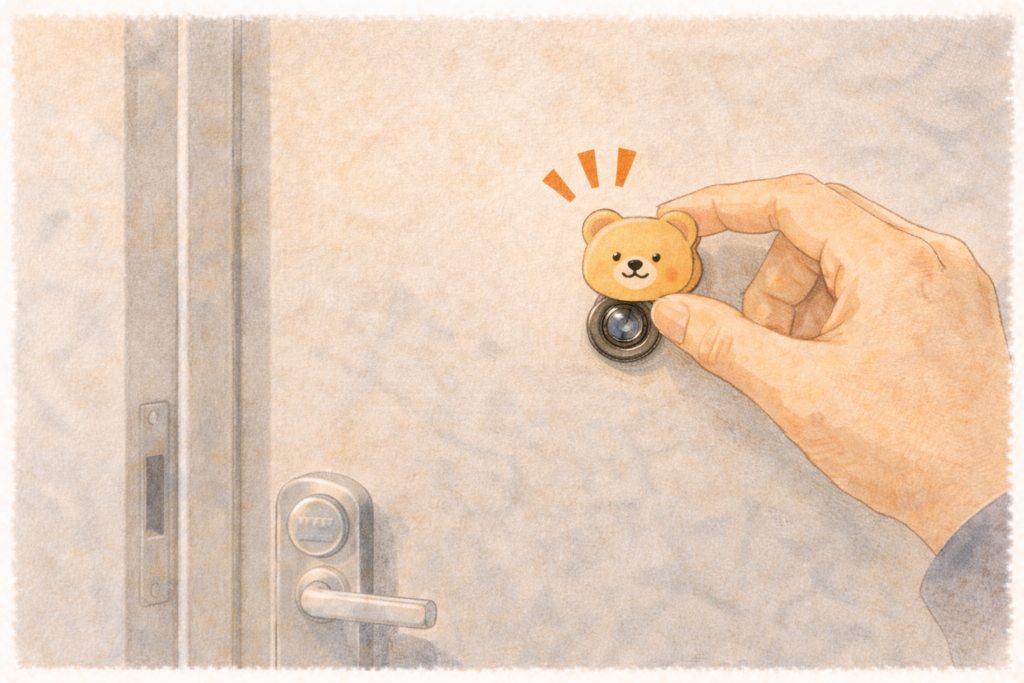 玄関ドアののぞき穴（ドアスコープ）に外から見えないようカバーをつけているイラスト