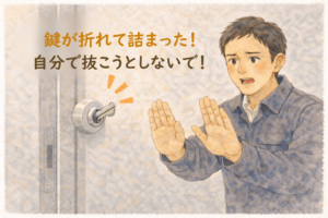 鍵が折れて詰まったドアの前で無理に抜かないよう注意する正直な鍵屋たこやきのイラスト。画像内に「鍵が折れて詰まった！自分で抜こうとしないで！」と文字が入っている