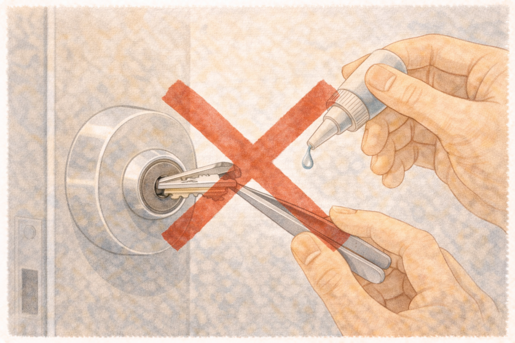 ピンセットや接着剤で折れた鍵を抜こうとしているNG行動のイラスト(バツ印付き)