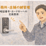 オフィスのドアの前で暗証番号式の電子錠を解説する正直な鍵屋たこやきのイラスト。画像内に「事務所・店舗の鍵管理 暗証番号・カードキーへの交換費用」と文字が入っている