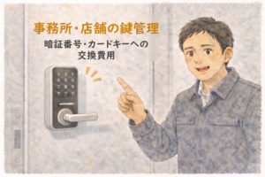 オフィスのドアの前で暗証番号式の電子錠を解説する正直な鍵屋たこやきのイラスト。画像内に「事務所・店舗の鍵管理 暗証番号・カードキーへの交換費用」と文字が入っている