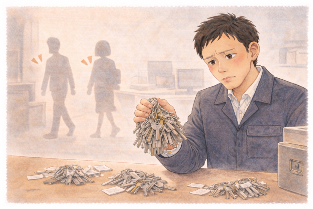 大量の合鍵の管理に困っている店舗オーナーや会社担当者のイラスト