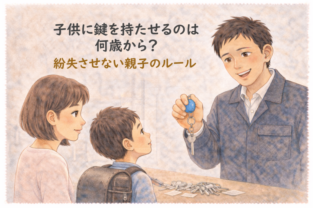 小学生の親子に鍵を持たせる時の防犯アドバイスをする正直な鍵屋たこやきのイラスト。画像内に「子供に鍵を持たせるのは何歳から？紛失させない親子のルール」と文字が入っている