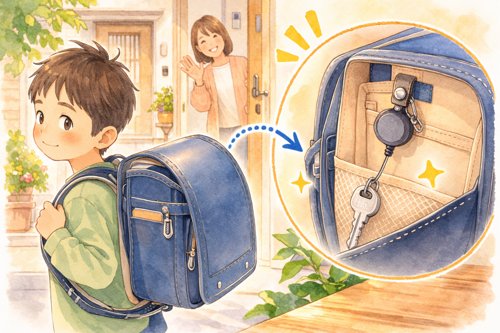 ランドセルのポケットの内側にリール付きの鍵を隠して持たせているイラスト