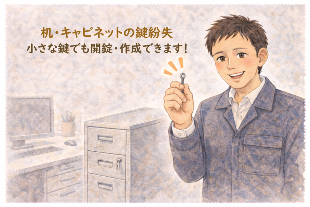 オフィスのキャビネットの前で小さな鍵を持って解説する正直な鍵屋たこやきのイラスト。画像内に「机・キャビネットの鍵紛失 小さな鍵でも開錠・作成できます！」と文字が入っている
