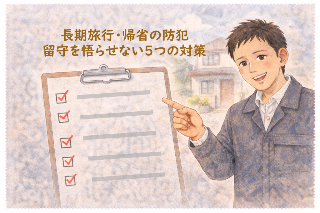 旅行前の防犯対策を解説する鍵屋たこやきのイラスト