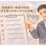 旅行前の防犯対策を解説する鍵屋たこやきのイラスト