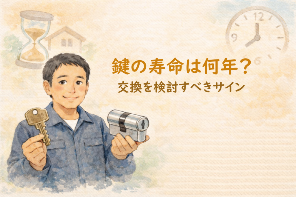 古い鍵と新しいシリンダーを持って鍵の寿命を解説する正直な鍵屋たこやきのイラスト。画像内に「鍵の寿命は何年?交換を検討すべきサイン」と文字が入っている