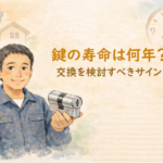 古い鍵と新しいシリンダーを持って鍵の寿命を解説する正直な鍵屋たこやきのイラスト。画像内に「鍵の寿命は何年？交換を検討すべきサイン」と文字が入っている