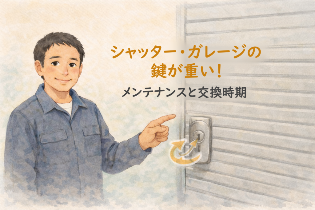 ガレージのシャッターの前で鍵の開け方を解説する正直な鍵屋たこやきのイラスト。画像内に「シャッター・ガレージの鍵が重い!メンテナンスと交換時期」と文字が入っている