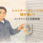 ガレージのシャッターの前で鍵の開け方を解説する正直な鍵屋たこやきのイラスト。画像内に「シャッター・ガレージの鍵が重い！メンテナンスと交換時期」と文字が入っている