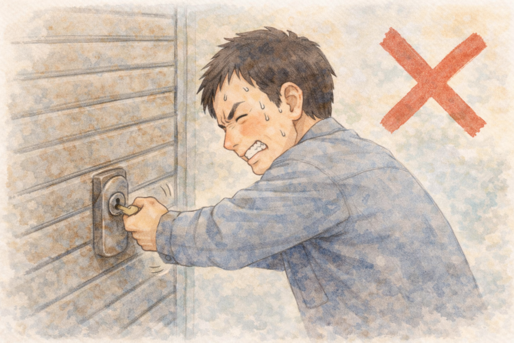 古くて錆びたシャッターの鍵を無理やり体全体で開けようとしている危険なイラスト