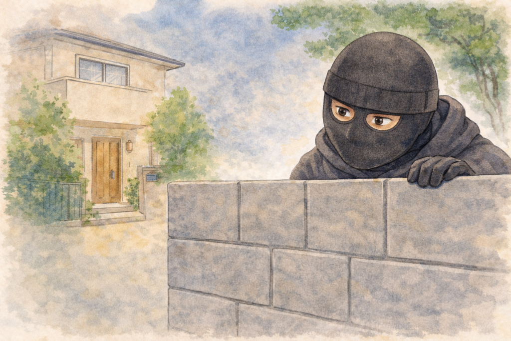 高いブロック塀の裏に隠れて、古い鍵の家を狙っている空き巣のイラスト