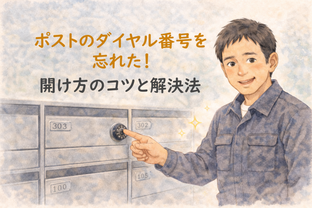 マンションのポストの前でダイヤル錠の開け方を解説する正直な鍵屋たこやきのイラスト。画像内に「ポストのダイヤル番号を忘れた!開け方のコツと解決法」と文字が入っている
