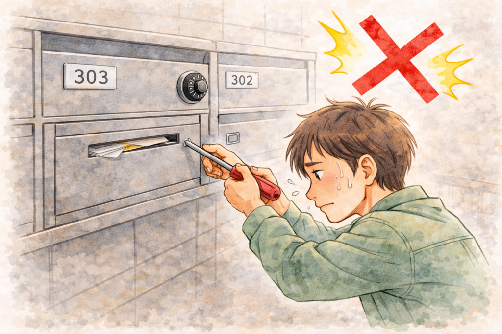 ダイヤル番号を忘れてポストを無理やり引っ張って開けようとしているNG行動のイラスト