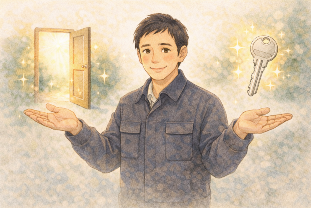 鍵開け 鍵交換 どっち が良いか迷っている方へ、優しくアドバイスする大阪の正直な鍵屋たこやきのイラスト