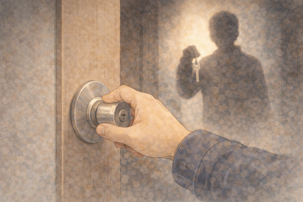 ドアが開いて安心する一方で、なくした鍵を誰かに拾われる防犯リスクを表現したイラスト