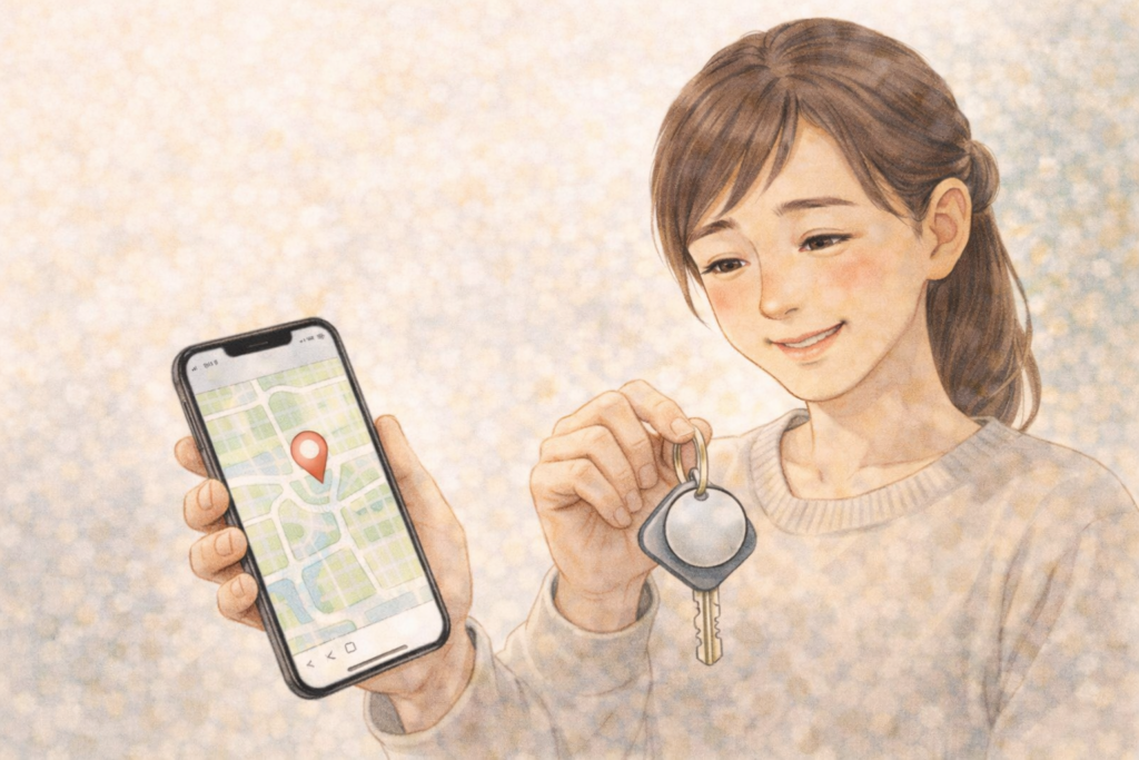 スマホのアプリでスマートタグ付きの鍵の場所を見つけて安心している女性のイラスト